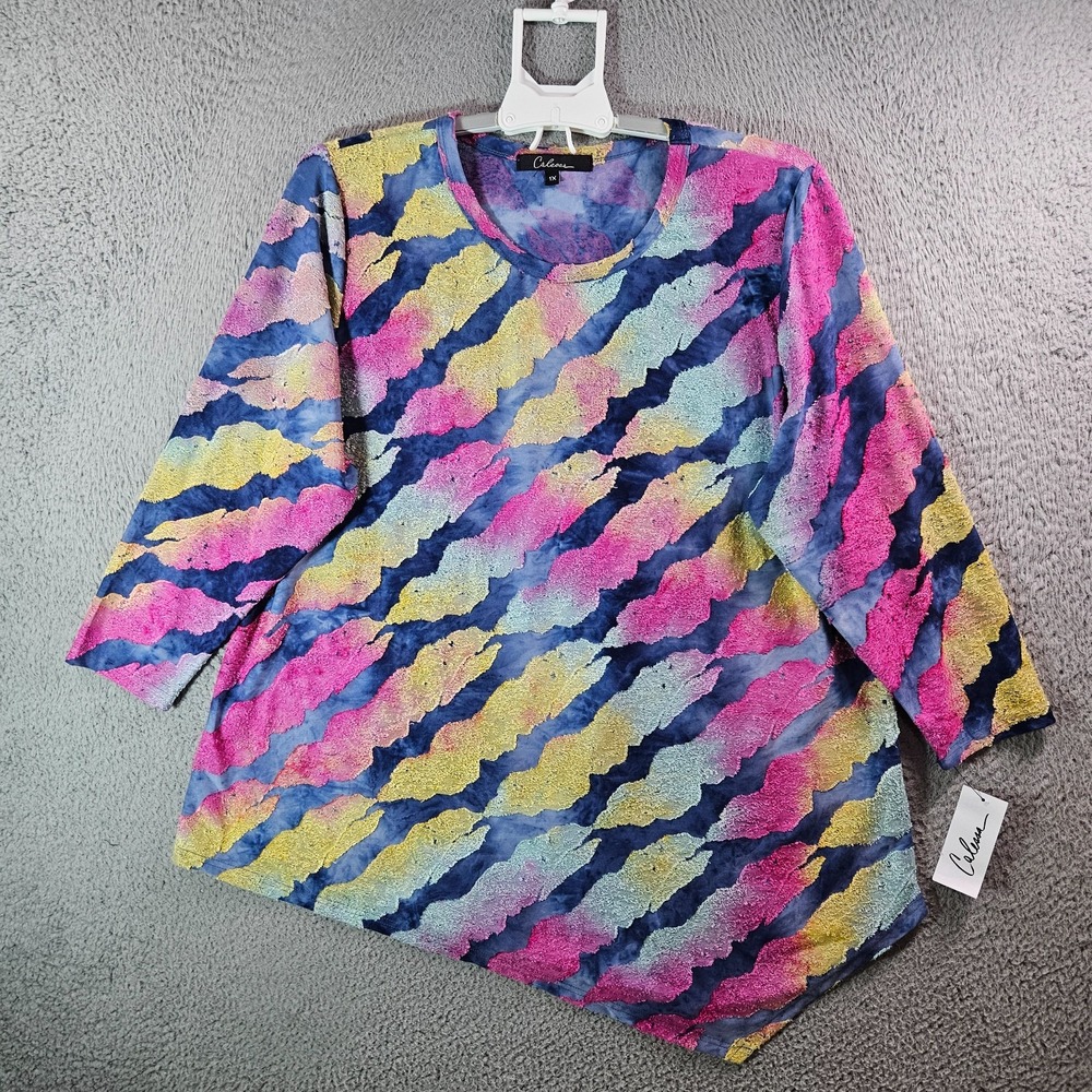 NEW Calessa Top Blouse Women 1X Stretch Textured Green Yellow‎ Pink Tone